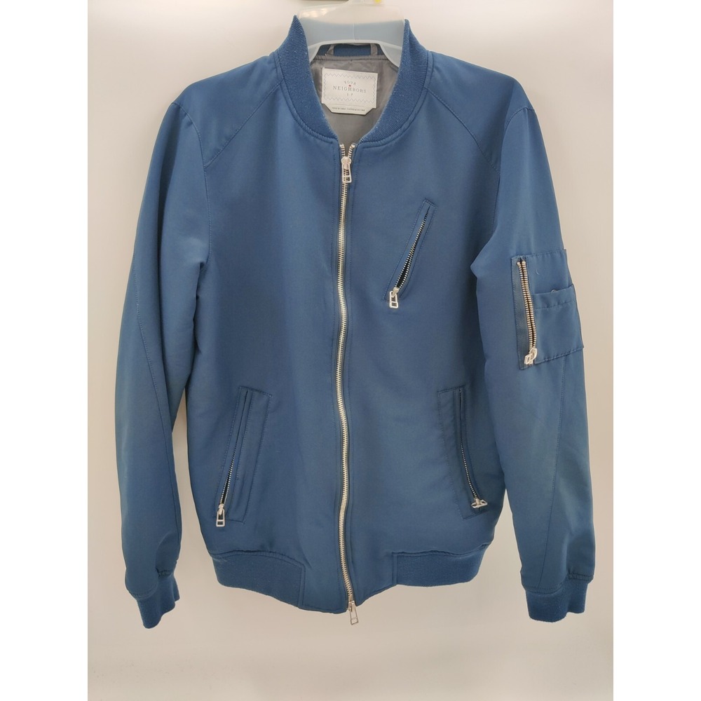 YOUR NEIGHBORS Mens Blue Bomber Jacket Size Small Zip‎ Pockets Ribbed Collar